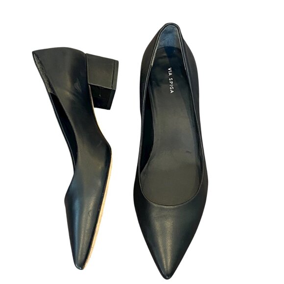 Via Spiga Guervie Black Leather Block Heel Pointed Toe Pumps Shoes Sz 8.5 #177H - Picture 4 of 9